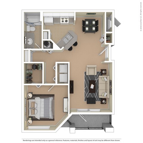 Floor plan for 1 bed, 1 bath, 843 sqft